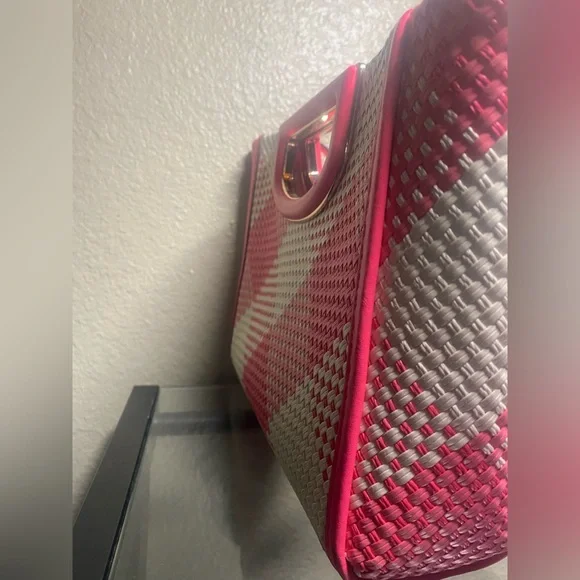 Kate Spade Pink and White Checkered Woven Clutch - Picture 5 of 12